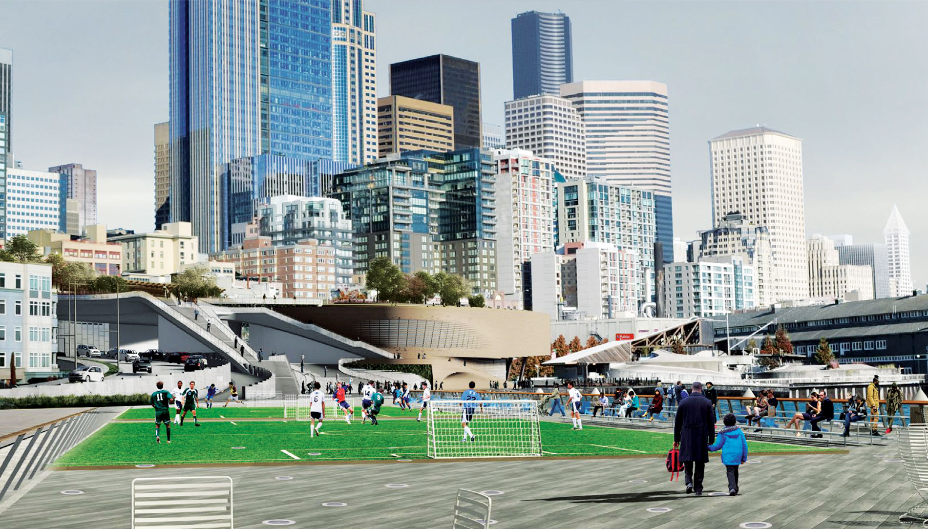 An illustration of Seattle's redeveloped waterfront featuring a soccer pitch on a dock with the skyline behind it