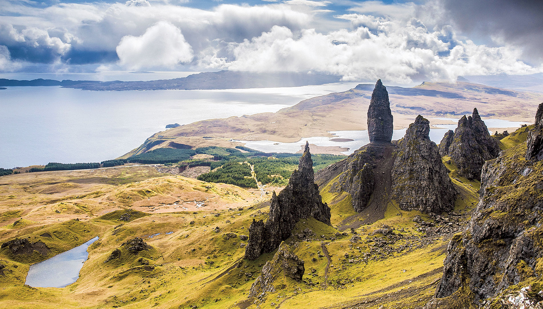 The Old Man of Storr rock pinnacle under clouds on Scotland's Isle of Skye