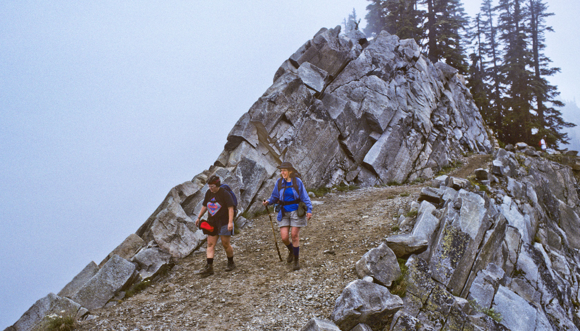 The Kendall Katwalk section of the Pacific Crest Trail near Snoqualmie Pass on a foggy day