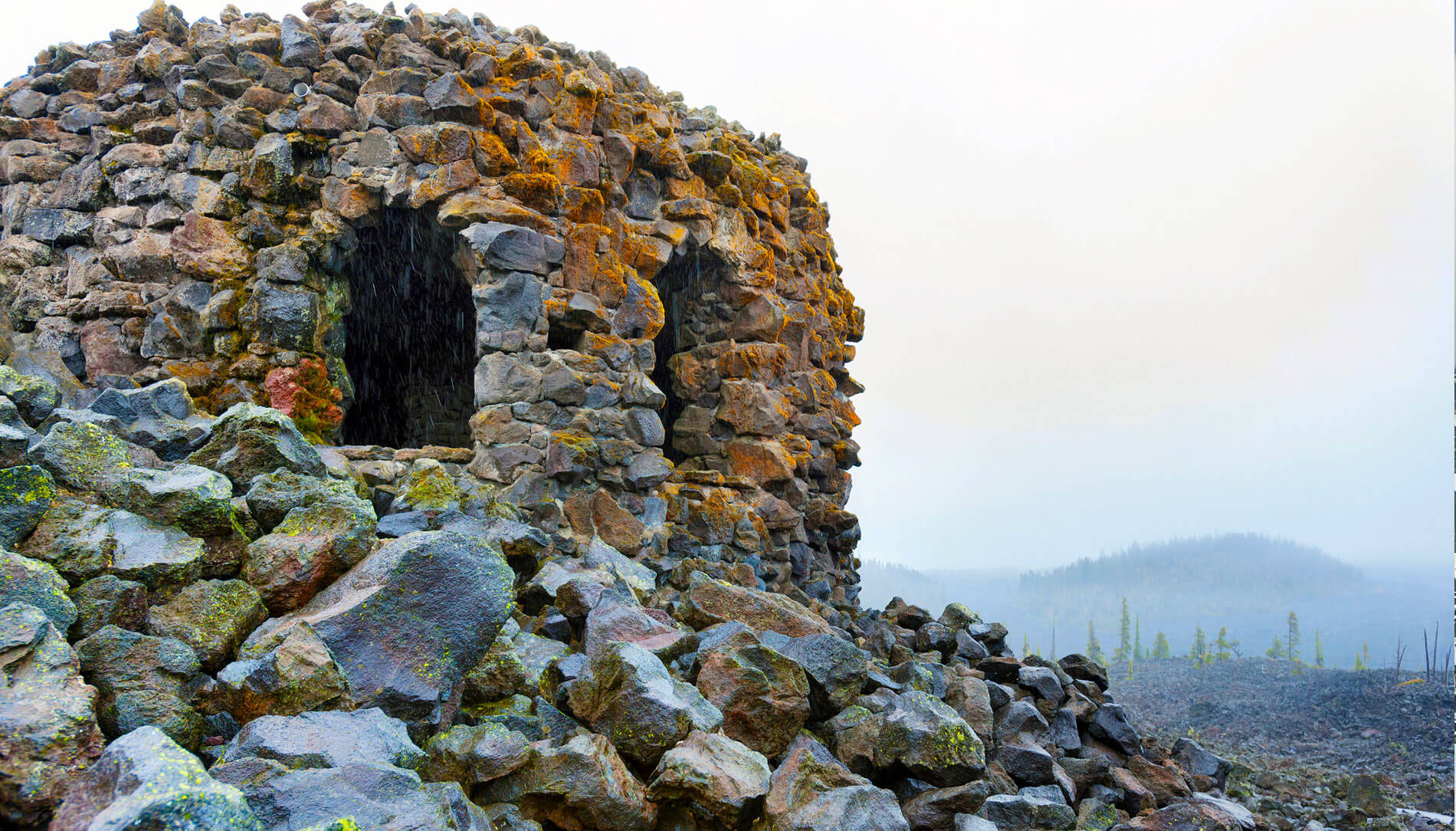 The Dee Wright Observatory on McKenzie Highway is built out of Cascade Range lava rock