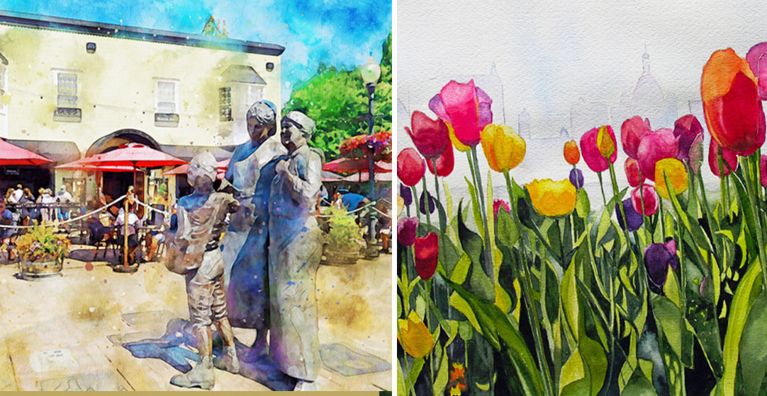 A painting of red and yellow tulips and two statues promoting Blaine local art
