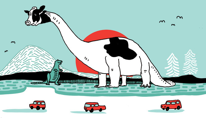 Illustration of a Brontasaurus with a cow's head and T-Rex, and three red cars