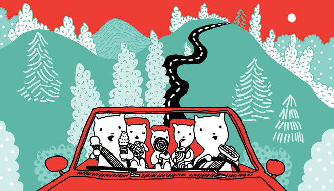 Illustration of a family of bears driving a car and eating snacks