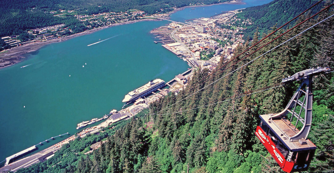 View of Juneau and Gastineau channel on a skyline on Mount Roberts