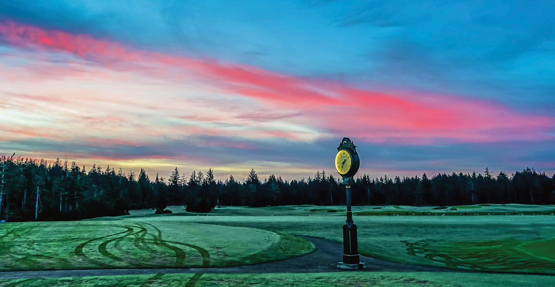 The iconic clock at Bandon Dunes golf course at dawn