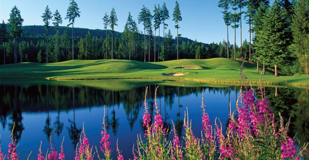 Water hazard and fairway at Gold Mountain's Olympic course