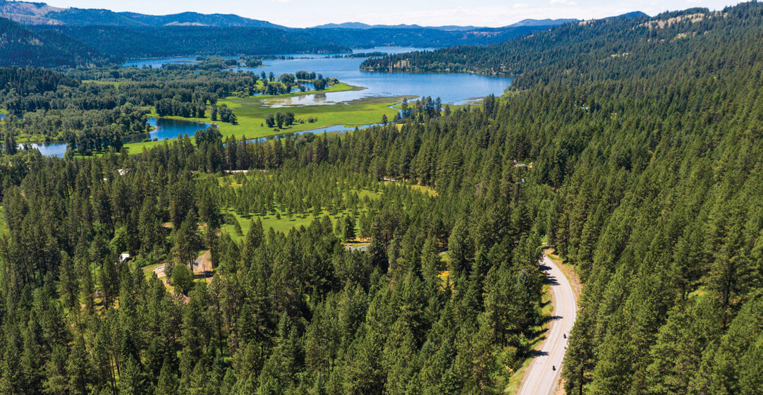 An aerial view of the White Pine Scenic Byway, pine forest and lake