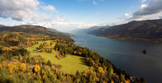 View of the hills and water from the Cape Horn overlook in the Columbia Gorge