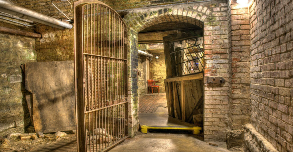 A brick vault-like chamber and iron gate under the Seattle streets