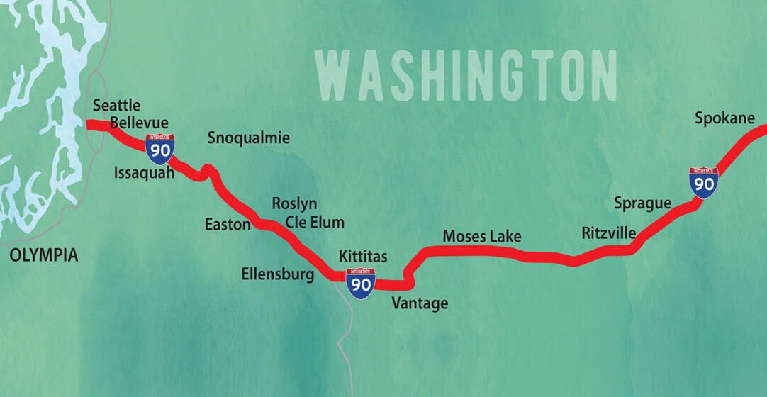 Green map displaying the route from seattle to spokane