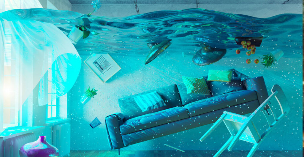 A stylized illustration of a furniture floating inside a house to demonstrate the risk of flooding. 