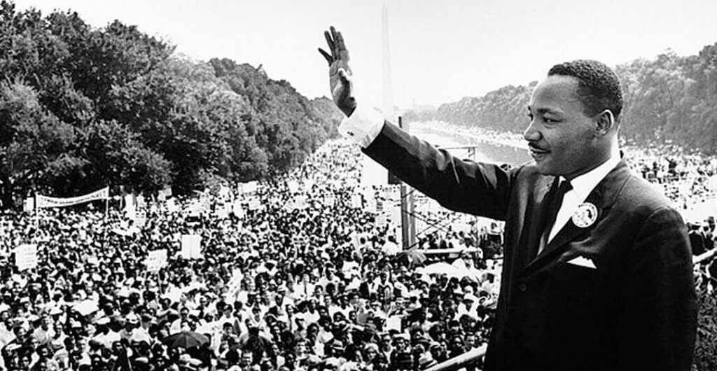 Martin Luther King Jr. delivers the "I have a dream" speech from the steps of the Lincoln Memorial. 