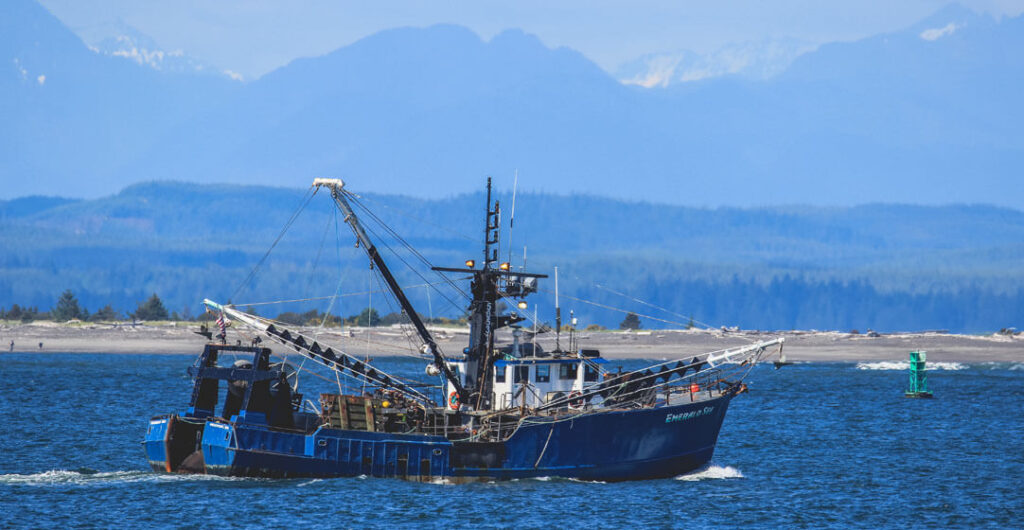 The FV (Fishing Vessel) Emerald Sea makes her way past Damon Point and into Grays Harbor on the Washington Coast. Photo: Lost River Photos