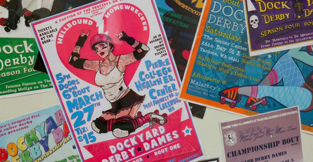 Retro roller skating posters, including an illustrated roller girl with tattoos.