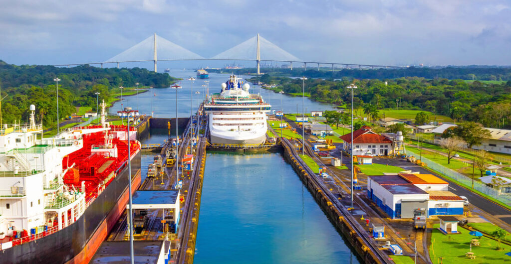 A cruise ship reaches a lock on the Panama Canal. 