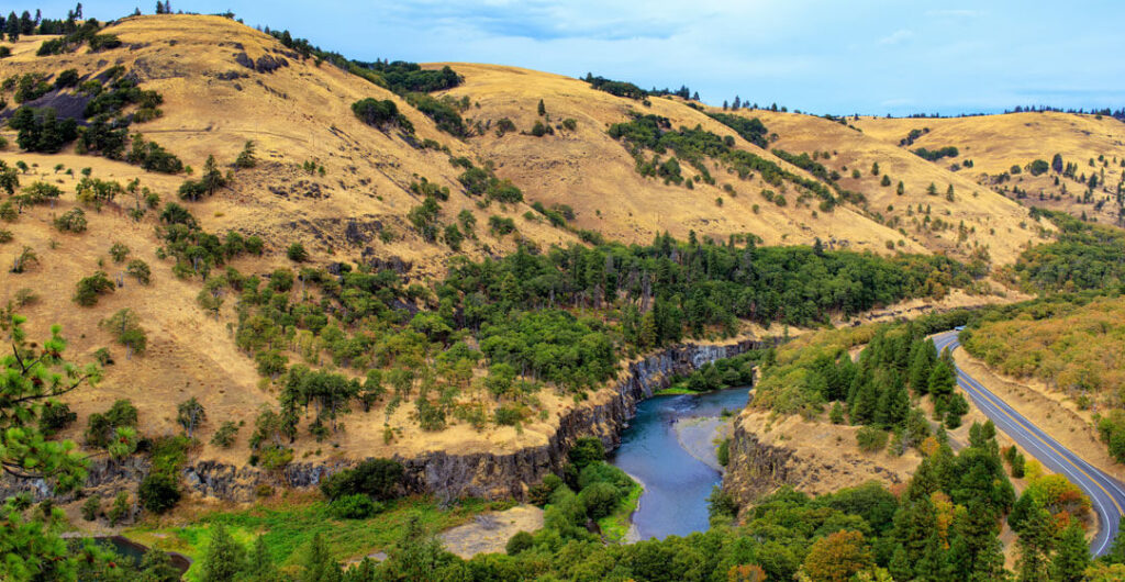 The Klickitat River, one of Washington's most picturesque wild rivers, winds through rugged hills off Washington state Highway 142.