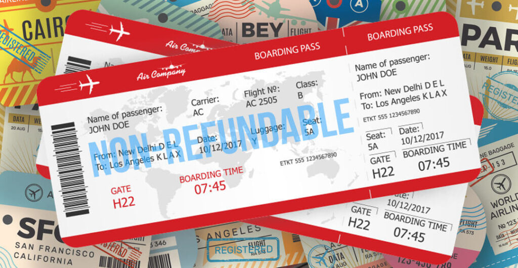 A photo illustration dominated by two nonrefundable airline tickets to illustrate the importance of travel insurance. Trip cancellation/interruption will cover the expense of pre-booked, nonrefundable tickets. 