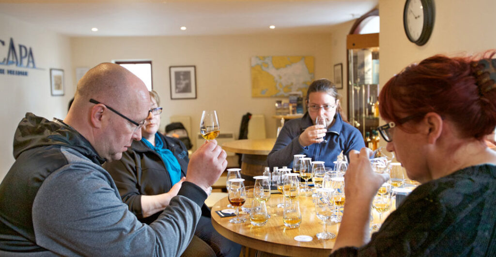 No two Scotch distillery tours are the same and each tasting is an opportunity to discover something new. Pictured here, a tasting at Scapa Distillery on Orkney.