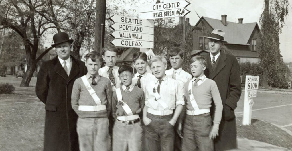From the archives, members of the School Safety Patrol with their teachers during the early days of the program in Washington state.