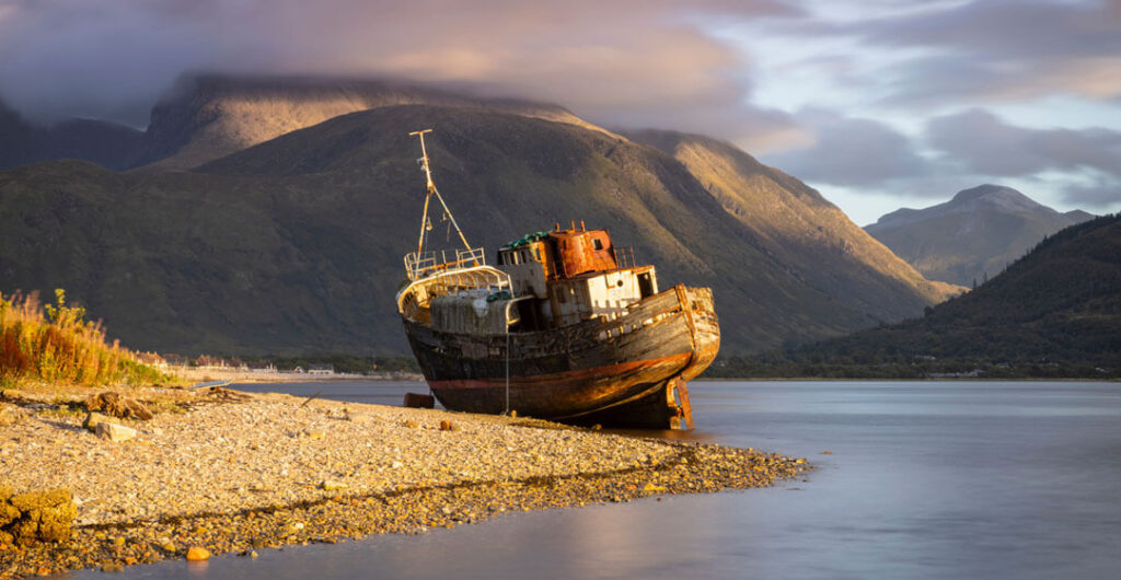 The Great Glen Way begins where the West Highland Way ends, at Fort William. Pictured here, an old shipwreck on the stony beach of Corpach, a few miles from Fort Willam. 
