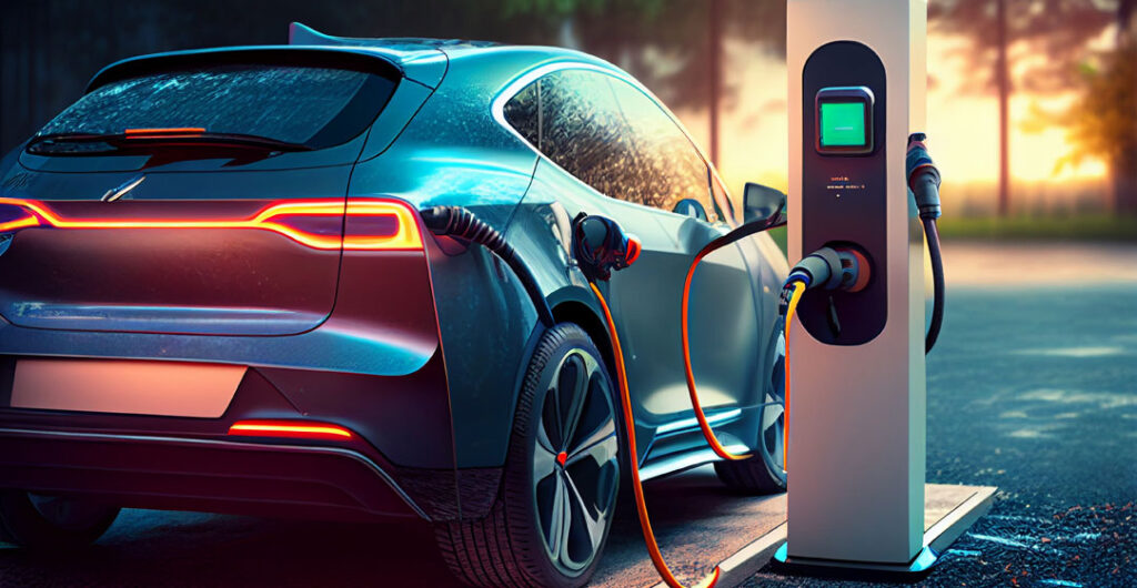 An electric car is plugged into a fast charging station, to illustrate that the AAA Car Guide devotes significant space to alternative fuel vehicles. 