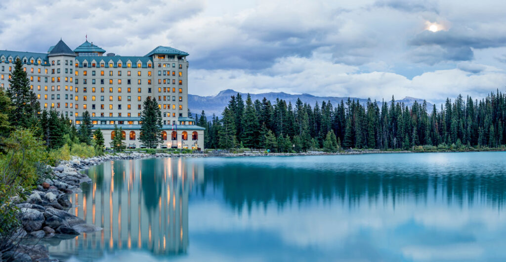 An upscale hotel located on Lake Louise in the Canadian Rockies