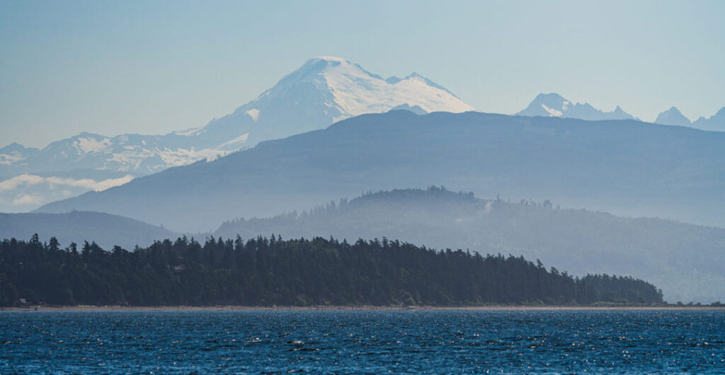 Vendovi Island with Mount Baker in the background in Western Washington